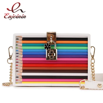 

Trend Color Pencil Flower Buckle Box Style Female Pu Crossbody Bag Chain Purse Shoulder Bag Tote Party Clutch Bag Women Handbag
