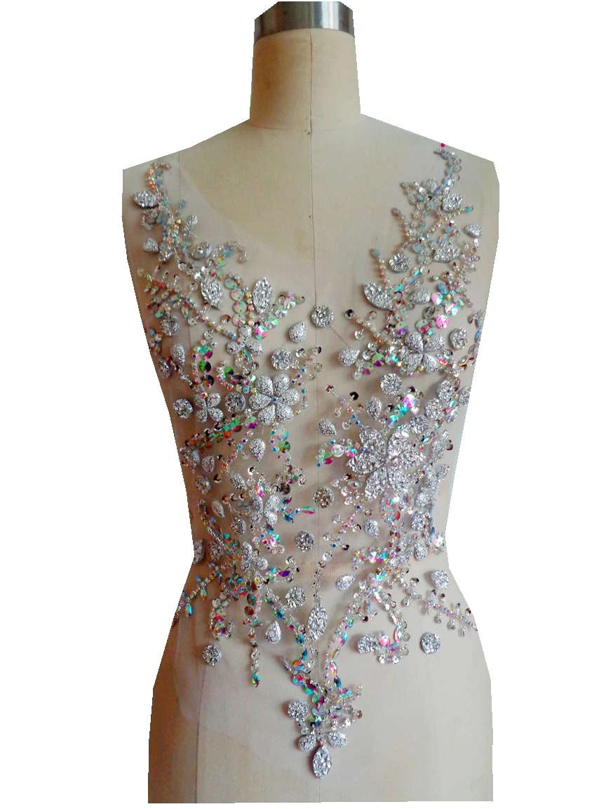 

Pure hand made clear AB colour&silver sew on Rhinestones applique on mesh crystals patches 50*30cm dress accessory