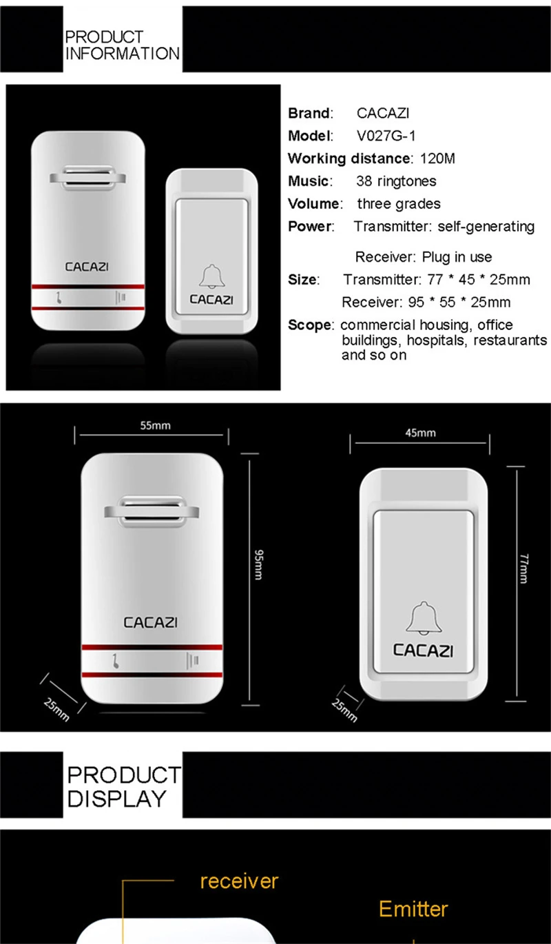 Беспроводной дверной звонок CACAZI без батареи светодиодный светильник водонепроницаемый 220 В кинетический электронный дверной звонок с кнопкой