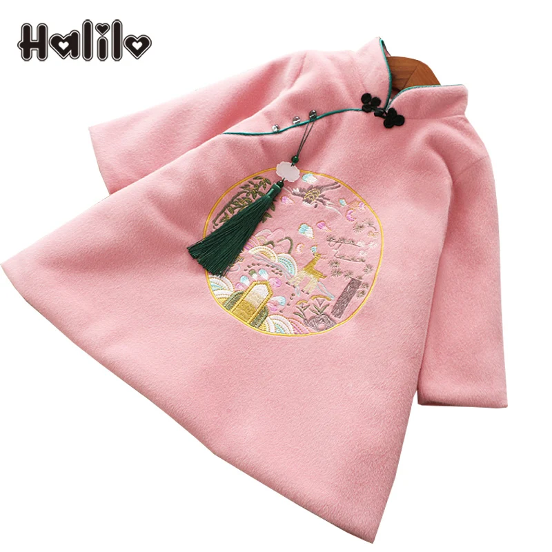 

Halilo Girls Party Dress Cartoon Embroidery Princess New Year Girls Dress Vintage Chinese Toddler Girl Dresses New Kids Clothing