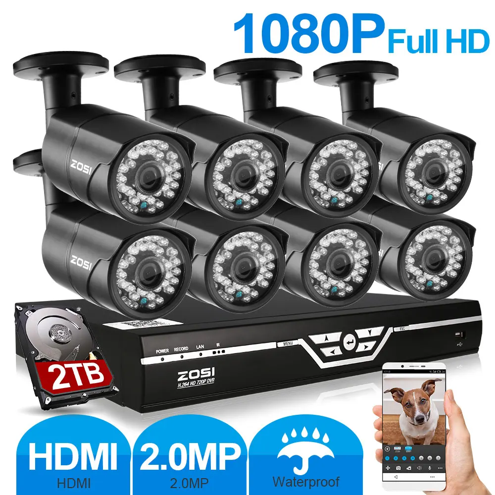  ZOSI HD AHD-H 8CH 1080P 2.0MP Security Cameras System 8*1080P 2000TVL Day Night Vision CCTV Home Security 2TB HDD 