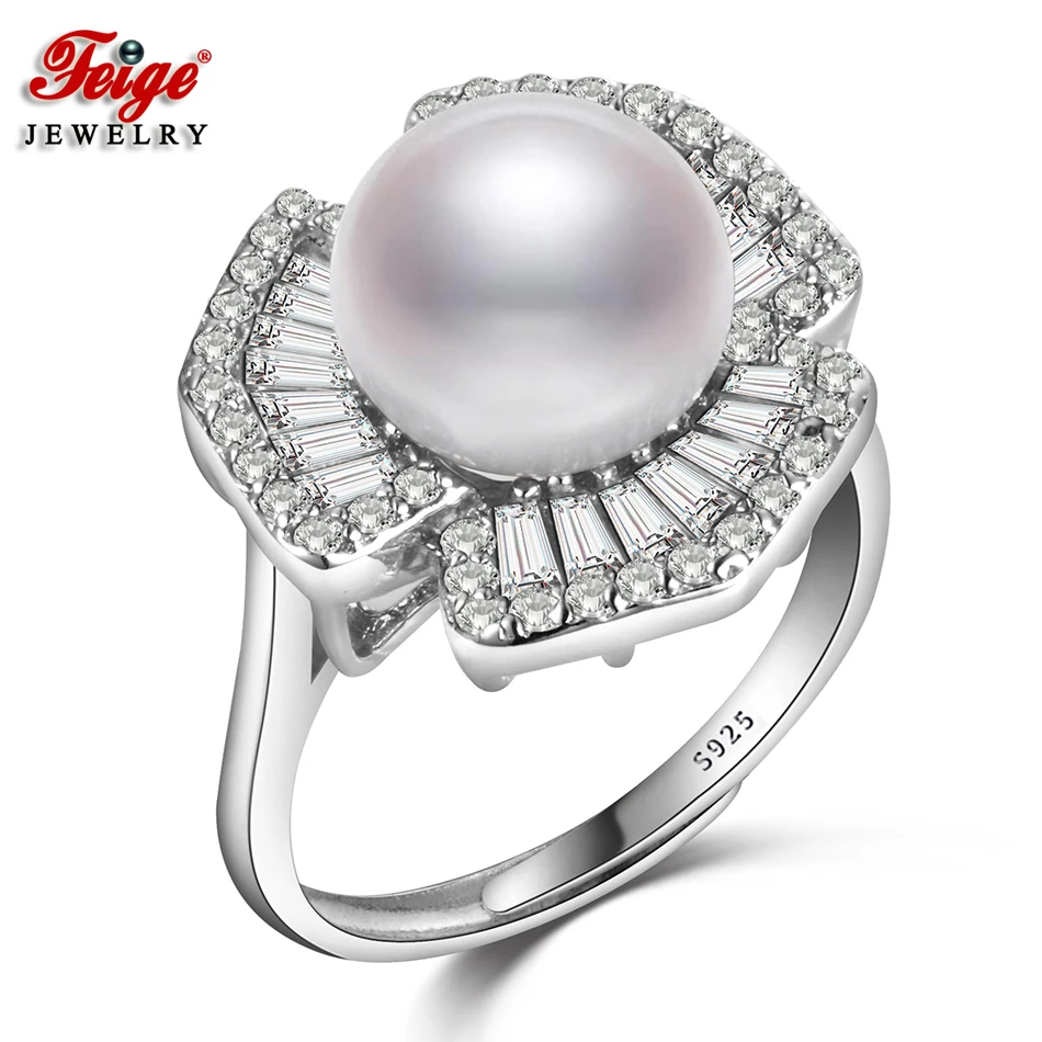 

FEIGE Luxury Pearl Ring Wedding Jewelry S925 Silver Rings Inlay Cubic Zirconia 9-10MM White Freshwater Pearl Jewelry for Women