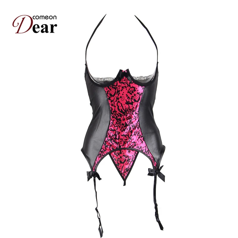 Comeondear Pole Dance Plus Size Lenceria Sexi Para Mujer Open Bra Lingerie Woman RB70134 Leather Halter Open Cup Bustier