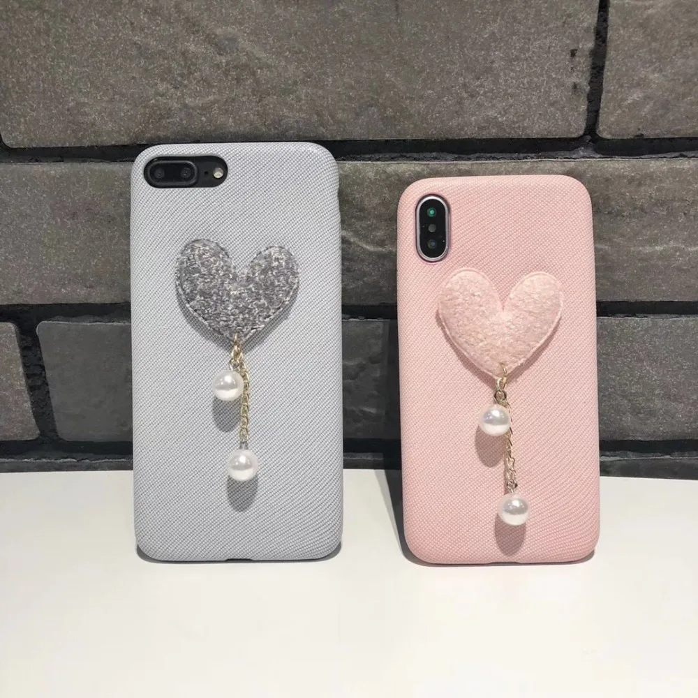 

Kuutti Squishy Fashion Women Girl Pink Gray Cute Love Heart Faux Pearl Drop Decor DIY Mobile Phone Case for iPhone 6 6s 7 8 Plus