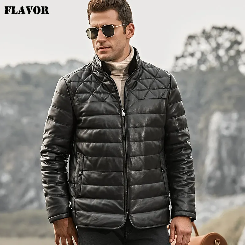 FLAVOR Men's Real Leather Down Jacket Men Genuine Lambskin Winter Warm Leather Coat with Removable Sheep Fur Collar