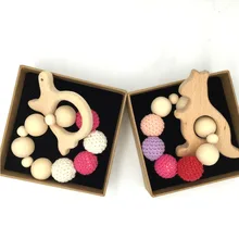 Crochet Bead Teething Wood Animal Bracelet Baby Mom Kids Wooden TeetherRing Untreated Maple font b Teether