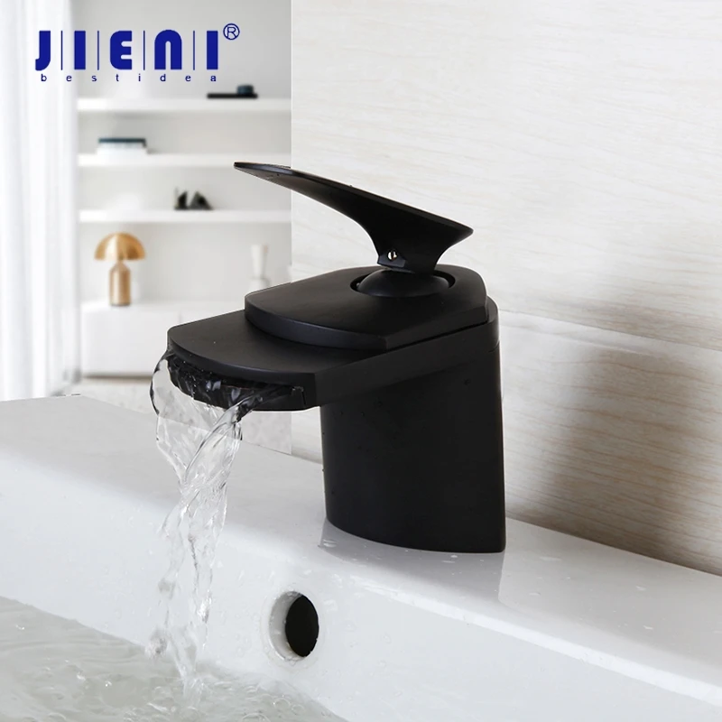 Jieni Black Faucet Waterfall Deck Mounted Bathroom Chrome Polished