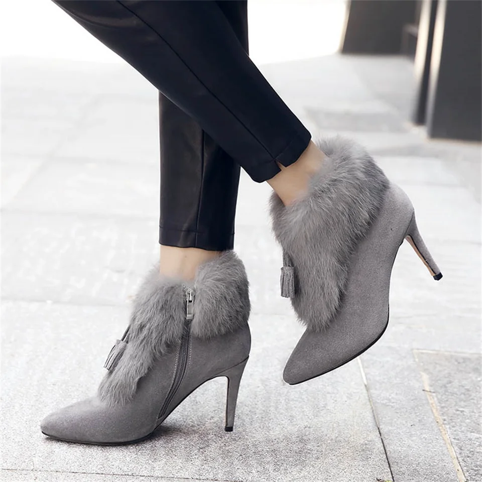 

2018Fashion women's ankle boots stiletto boots rabbit fur collar decoration sexy autumn and winter warm women boots