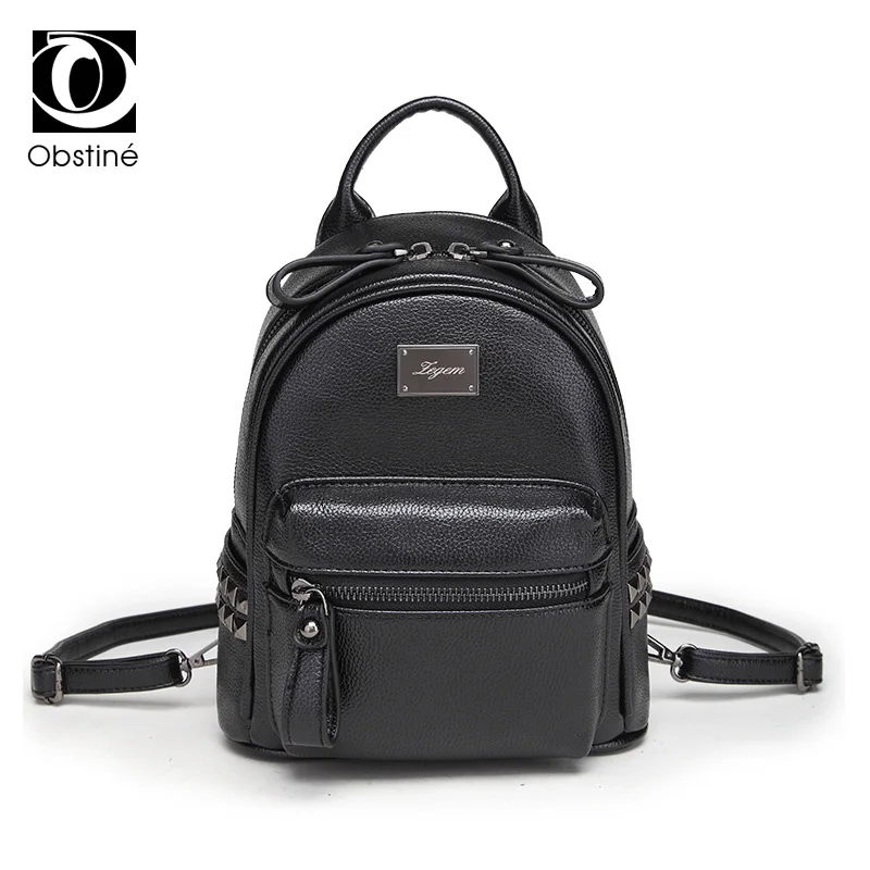 Fashion Small Backpack Female Mini Rivet Zipper Pu Leather Shoulder Bag