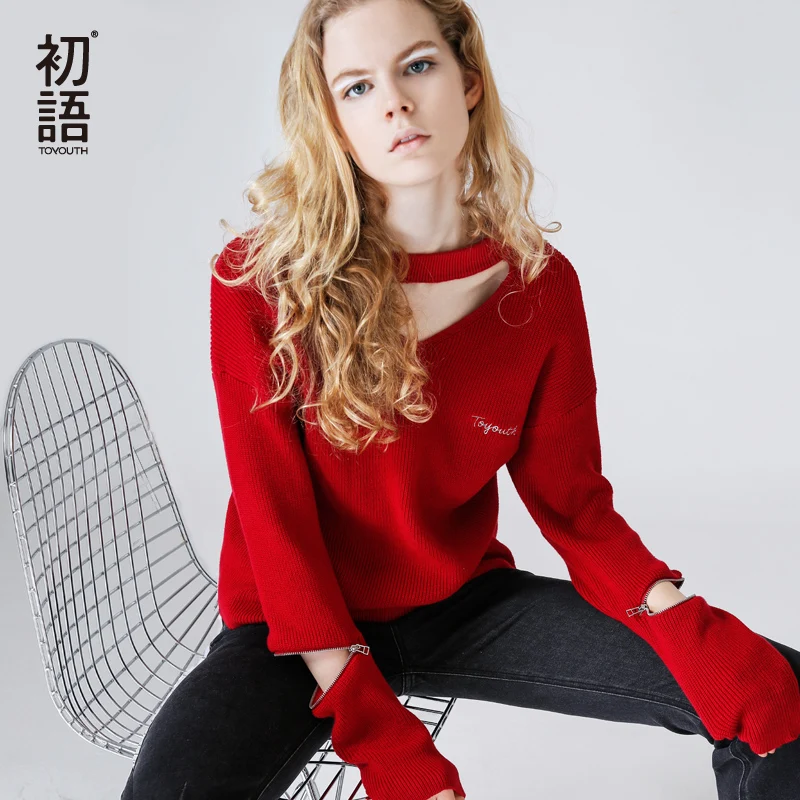 

Toyouth Knitted Sweater Women 2019 Autumn Red Bla Pullover Sweater Sexy Halter Neck Long Sleeve Jumpers Pull Femme sweter mujer