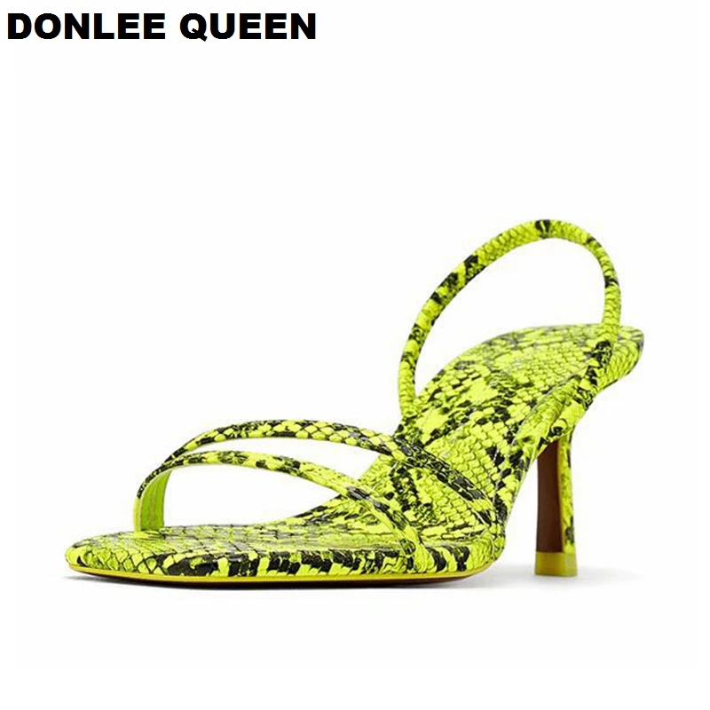 

DONLEE QUEEN 2019 Fashion Snakeskin Gladiator Sandals Women Open Toe Toe Narrow Band Strange Heel Women Shoes Brand Summer Slide