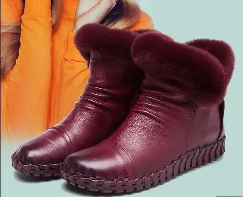 

A68 Rex Rabbit Fur Winter Boots Genuine Leather Cowhide Women's Boots Cotton Shoes Soft-cotton Boots Women's Hand-stitched