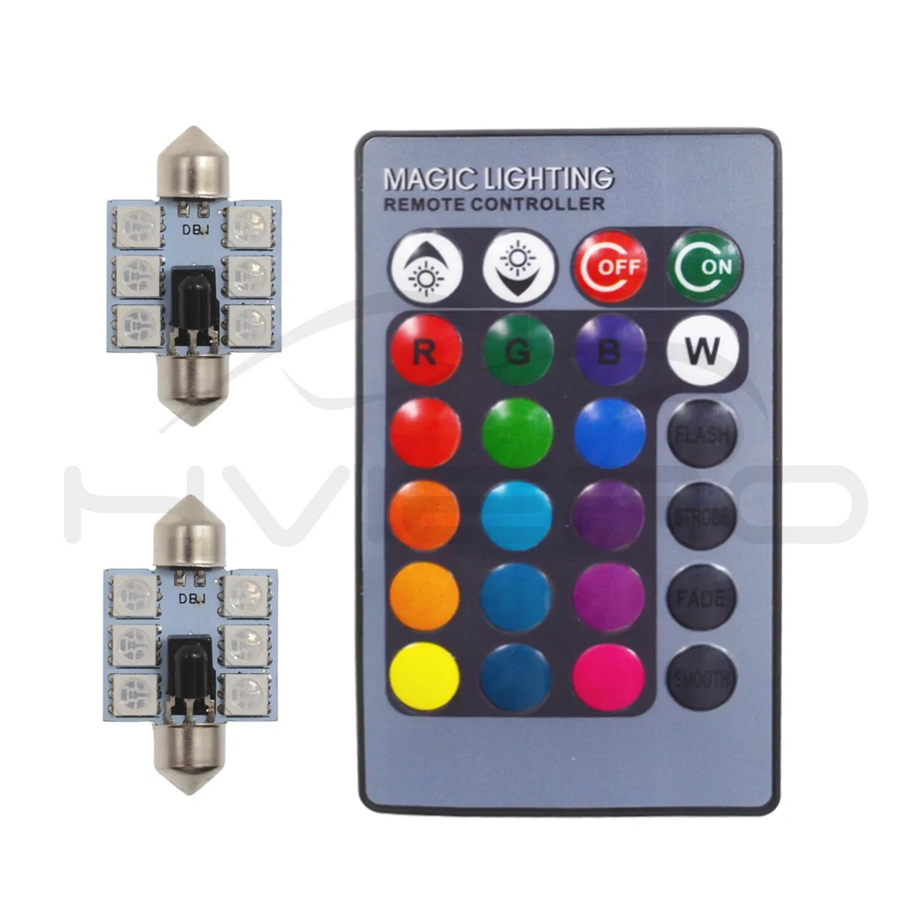 2Pcs RGB DC 12V c5w 36mm 5050 6SMD Festoon Dome Light Auto Led Mobile Remote Controlled Auto Roof Atmosphere Bulbs