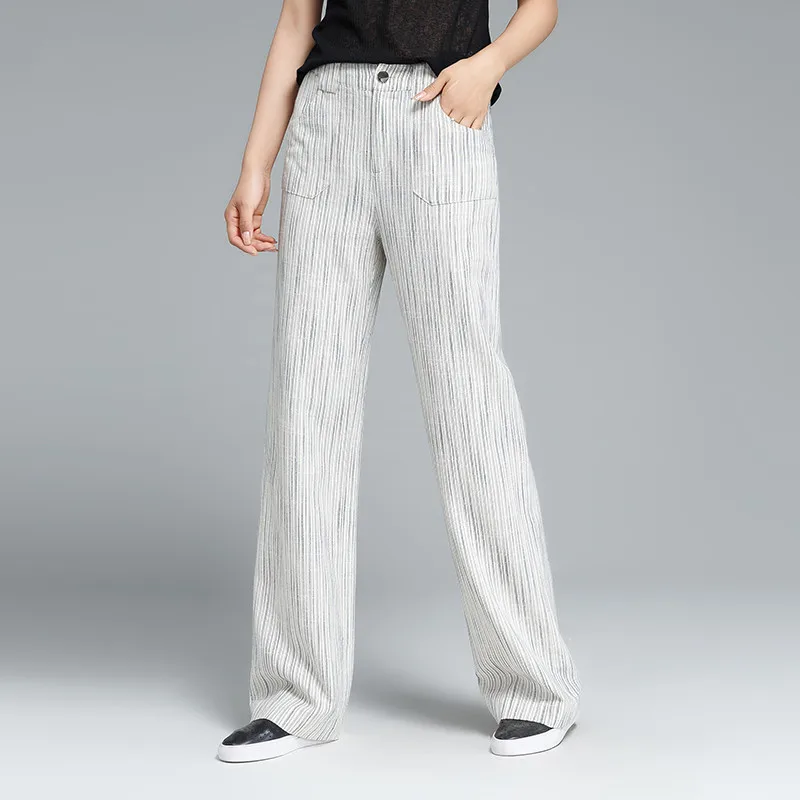 

Summer OL Loose Pants Women's High Waist Straight Meters White Leisure Trousers Cotton And Linen Wide Leg Pants
