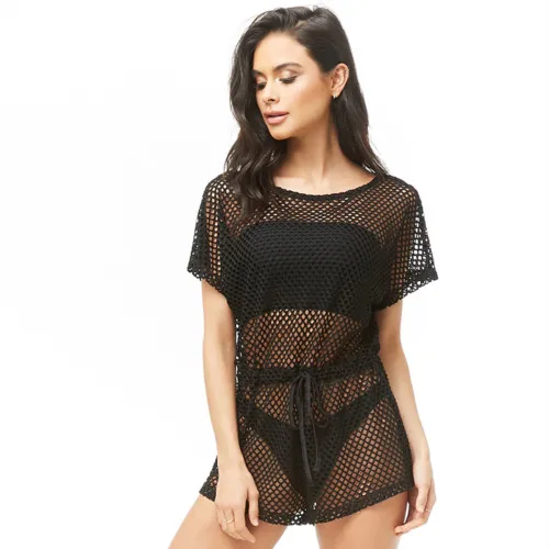 

Women Summer See-through Fishnet Dress Woman Bikini Cover Up Short Sleeve Black Beach Dresses Female Casual Vestidos