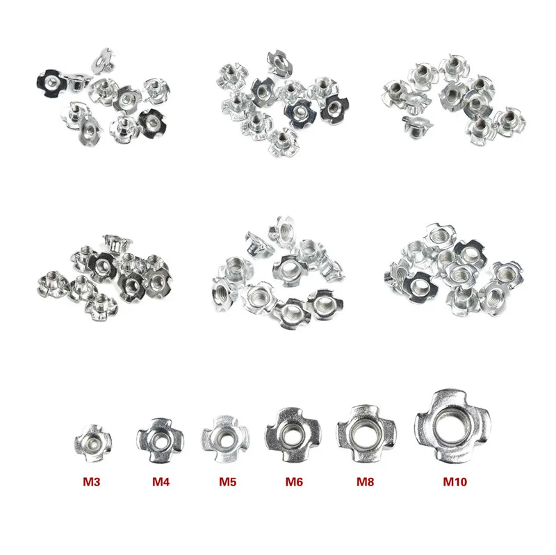 

10Pcs M3 M4 M5 M6 M8 M10 Zinc Plated Four Claws Nut Speaker Nut T-nut Blind Pronged Tee Nut Furniture Hardware Set