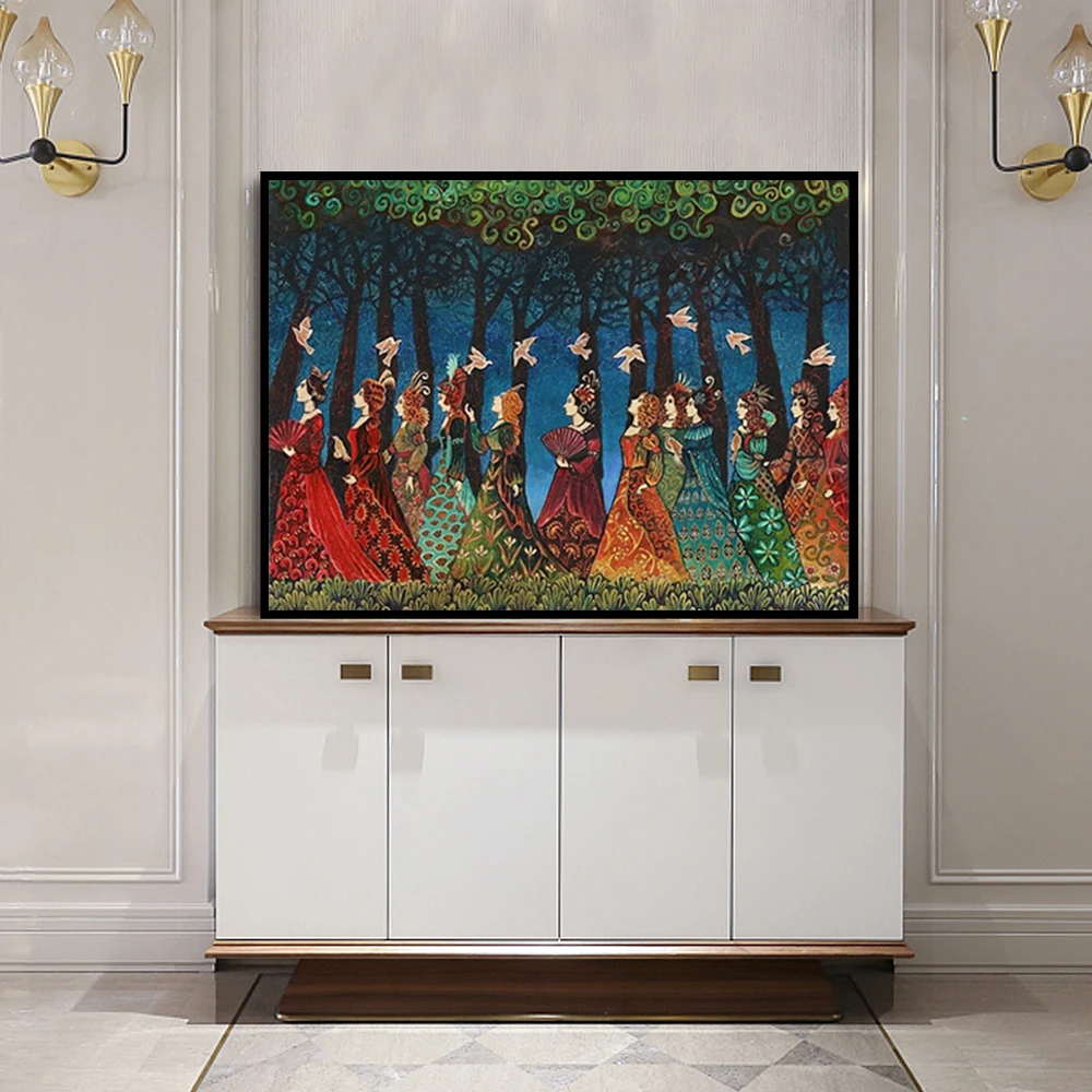

Twelve Women with Birds Wall Fine Art Print And Poster Psychedelic Fairy Tale Pagan Mythology Bohemian Gypsy Goddess