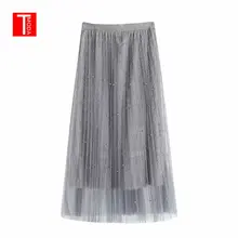Новинка лета, модная женская плиссированная Однотонная юбка средней длины с высокой талией, эластичная юбка с бисером, акция, женская черная, бежевая