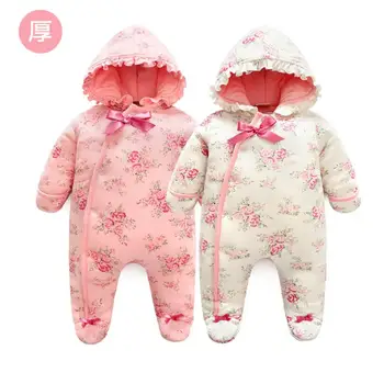 

Thick Baby Girl Newborn Floral Outfit Winter Girl Infant Clothes Jumpsuits Clothing Set Bowknot Bodysuit with Hat