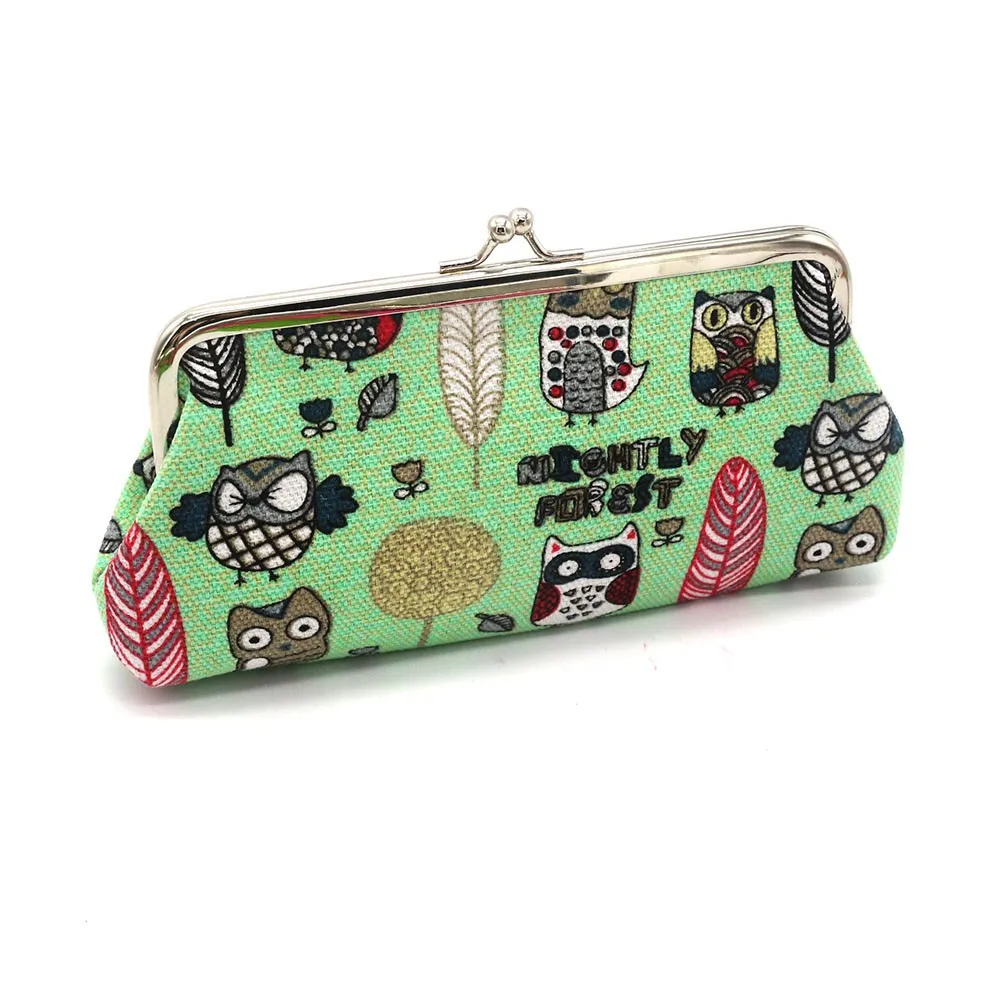 

College Wind Coin Purse Women Fashionable Green Canvas Retro Vintage Owl Small Wallet Hasp Purse Clutch Key Chinese Silk Bag
