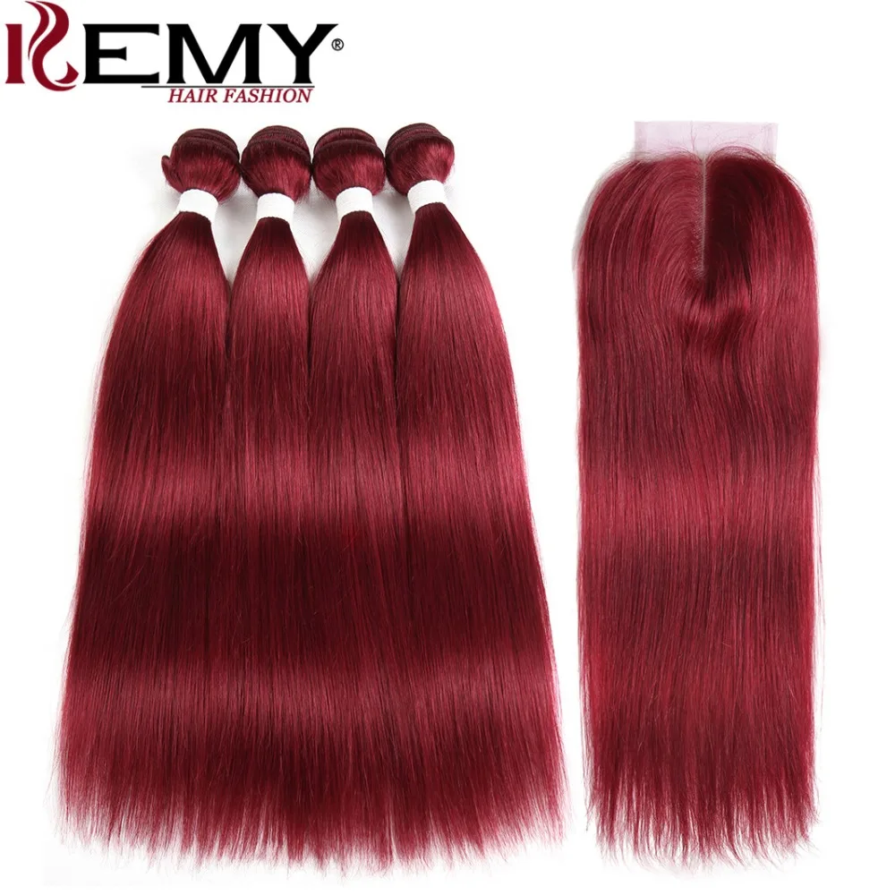 

99J/Burgundy Red Color Human Hair Bundles With Closure 4*4 KEMY HAIR Brazilian Straight Human Hair Weave Bundles Non Remy Hair