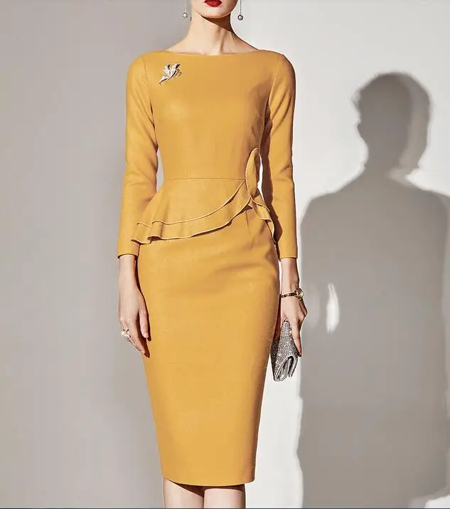 Весенне-осеннее деловое Формальное цельное платье, женское Формальное шерстяное платье, Офисная Леди официальная одежда для особого случая сухая чистка, X1 - Цвет: Золотой