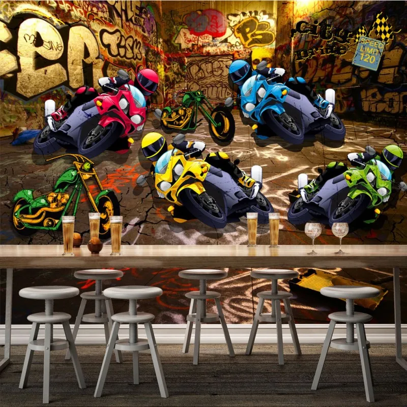 

photo wallpaper 3D street motorcycle racing graffiti style background wall decoration painting stereo wallpaper custom mural