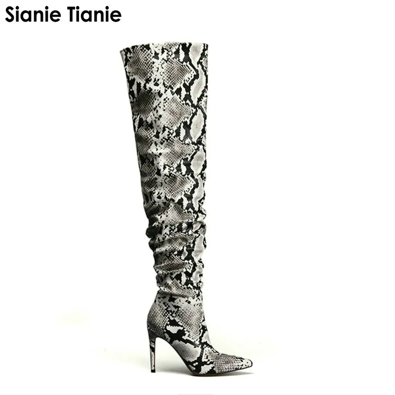 

Sianie Tianie 2019 New PU Snakeskin Pleated Sexy Woman Over The Knee High Boots Pointed Toe Super Thin High Heels Overknee Boots