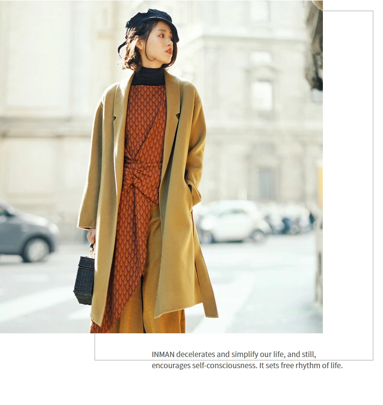 INMAN осень новое поступление сплошной цвет отложной воротник пояс оборудование женское элегантное модное шерстяное пальто