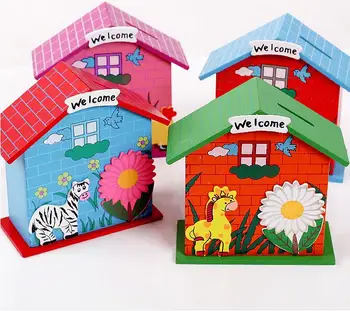 

100pcs/lot DIY Wood Children Kid Baby Wooden Crafts Gift Toys Chalet Coin House Room Mud White Save Money Base Art Decor lin2161