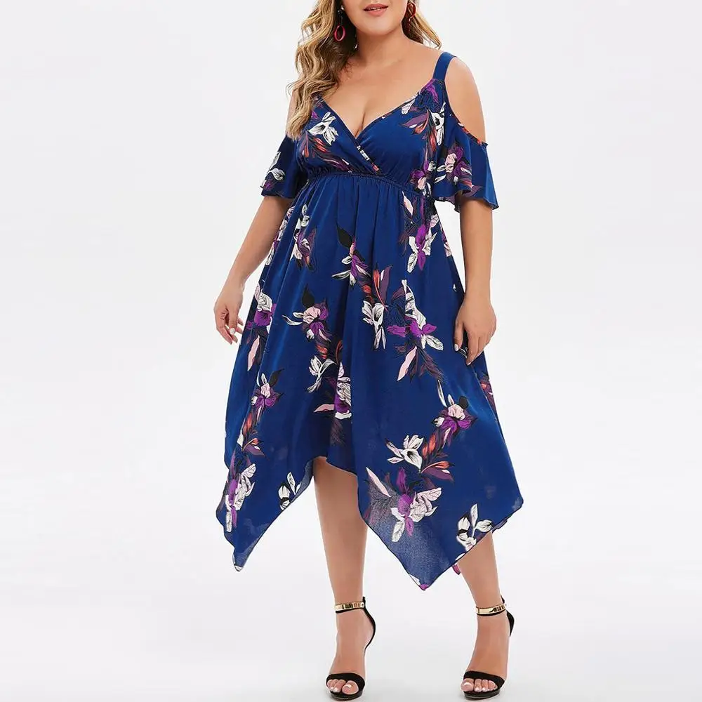 

Sexy Women Summer Plus Size Open Shoulder Floral Printed Short Sleeve V-Neck Dress