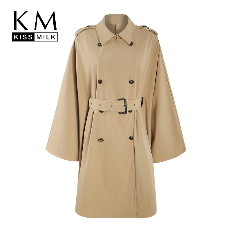 

Kissmilk 2019 Stylish Simplicity Temperament Large Size Double-breasted Belt Asymmetry Cape Sleeve Medium Long Trench Coat