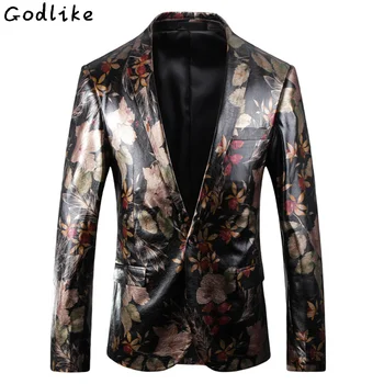

2018 Leather suit Jacket Men Fashion Digital Printing Single Button Wears Flower Printing Casual Slim Fit Male Blazer For Party