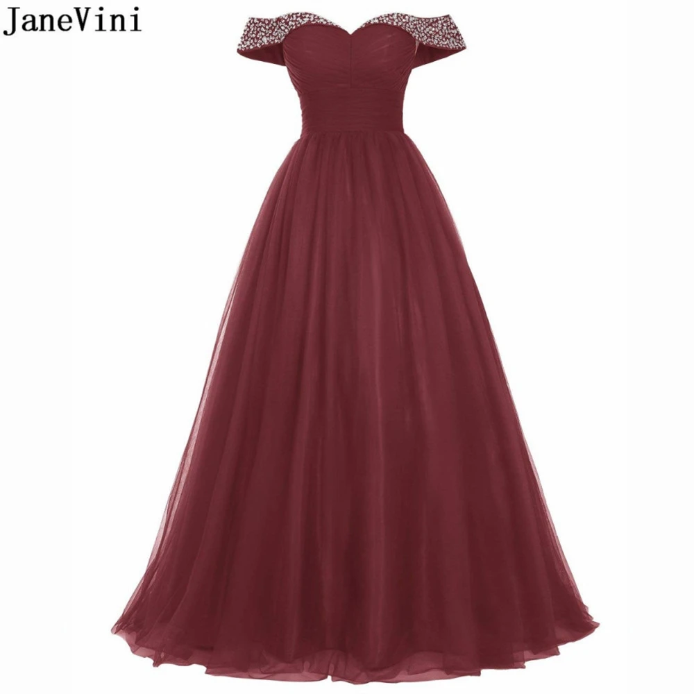 Billige JaneVini 2019 Elegante EINE Linie Lange Burgund Brautjungfer Kleider Plus Größe Sweetheart Perlen Backless Tüll Frauen Prom Party Kleider