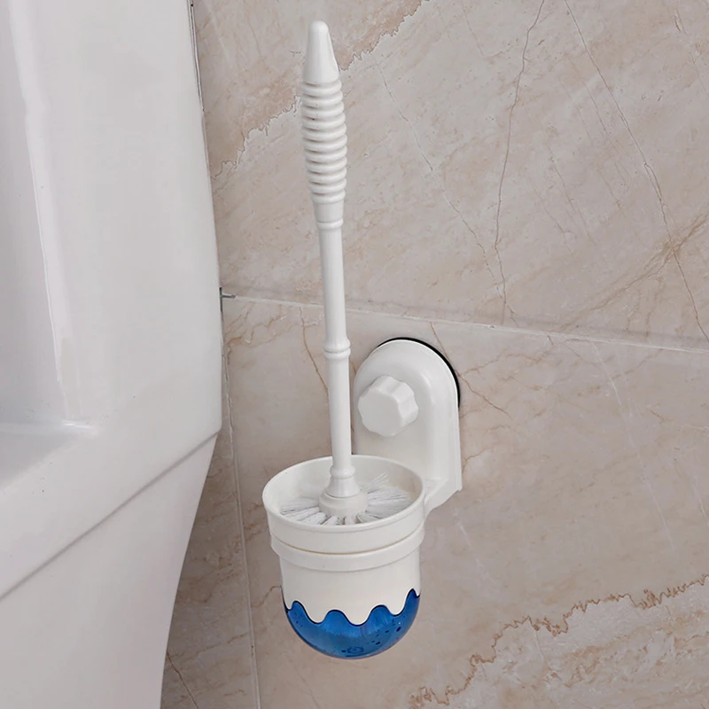 White Suction Cup Plastic Toilet Brush Wall Holder Bathroom Scrub Cleaning Brushes Holder Set