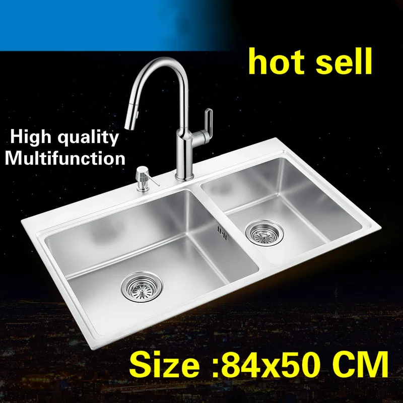 

Free shipping Standard luxurious kitchen double groove sink food grade 304 stainless steel hot sell whole drawing 84x50 CM