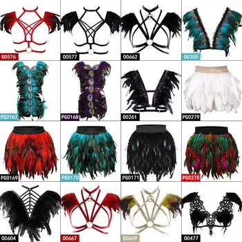 

Feathers Skirt High Waist Women Body Harness Bra Strappy Harajuku Punk Multi-color Lingerie Crop Top Cosplay Art Clothing Women
