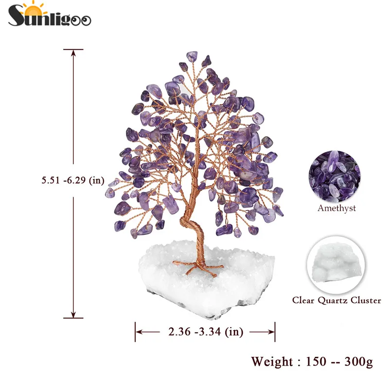 Sunligoo 1pc Natural Stone Feng Shui Bonsai Money Tree on Clear Quartz Cluster Base for Protection Healing Home Decor 5.51-6.29"