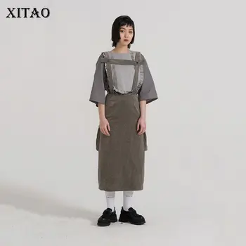 

XITAO Vintage Off Shoulder Dress Women Korea Fashion Square Collar Pocket Sleeveless Wild Joker Pleated Pocket New ZLL4164