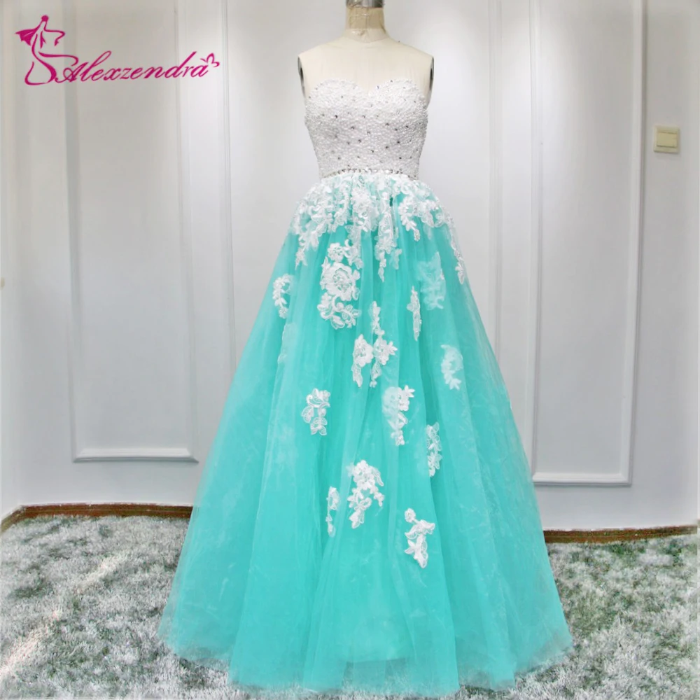Alexzendra Beaded Bodice Long Tulle Prom Dresses Plus Size Sweetheart