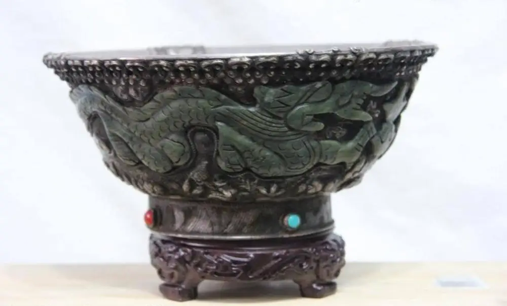 

3.7 Tibet Nobility Green Jade Silver Lucky Wealth Two Dragon Paly Bead pot Bowl