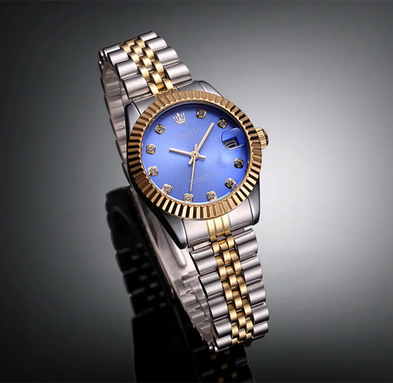 Лидирующий бренд TORBOLLO серебристо-розовые женские вечерние кварцевые часы с кристаллами и датой водонепроницаемые ЖЕНСКИЕ НАРЯДНЫЕ часы - Цвет: silver gold blue