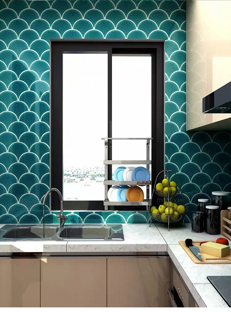 

New Classic Vintage Kitchen Bathroom Decor Fish Scale Tiles Waterproof Fashion Green Blue Moasic Wall tiles