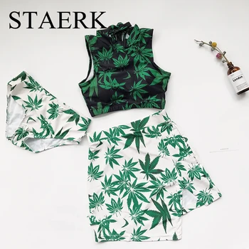 

STAERK 2020 New Two Piece Swimsuit Tankini skirt Swimwear Women Pants Swim Wear Retro Bathing Suit green Print Biquini