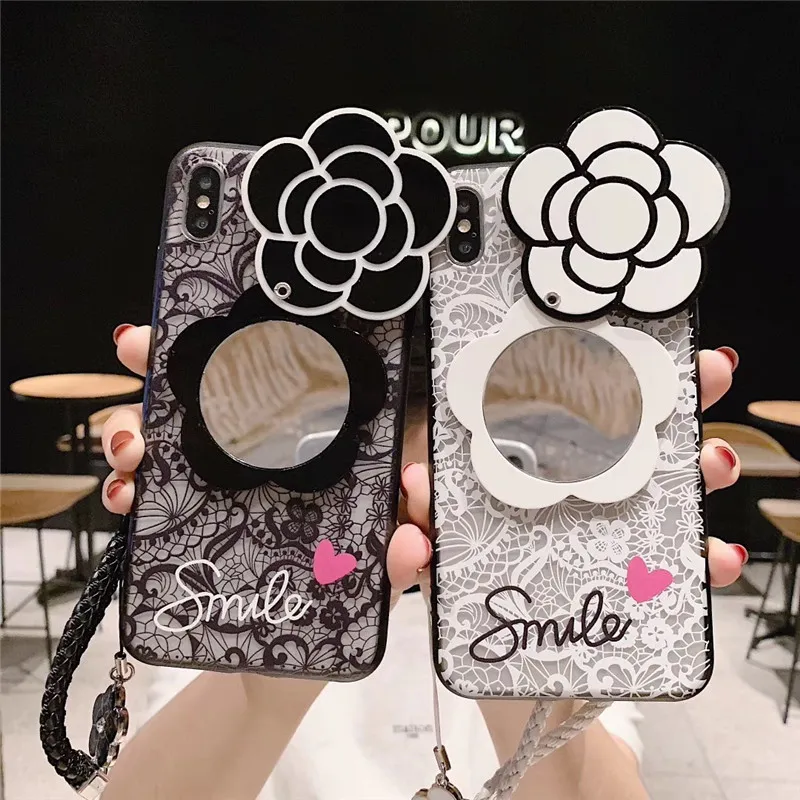 

Luxury lace pattern camellia mirror phone case For iphone XS MAX XR X 6 6s 7 8plus case pendant hard shell TPU protective cover