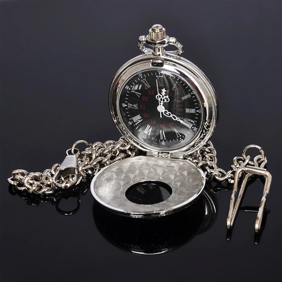 Shellhard New Arrival Vintage Hollow Silver Pendant Fob Pocket Watch Roman Numerals Black Dial Quartz Pocket Watch For Men Women