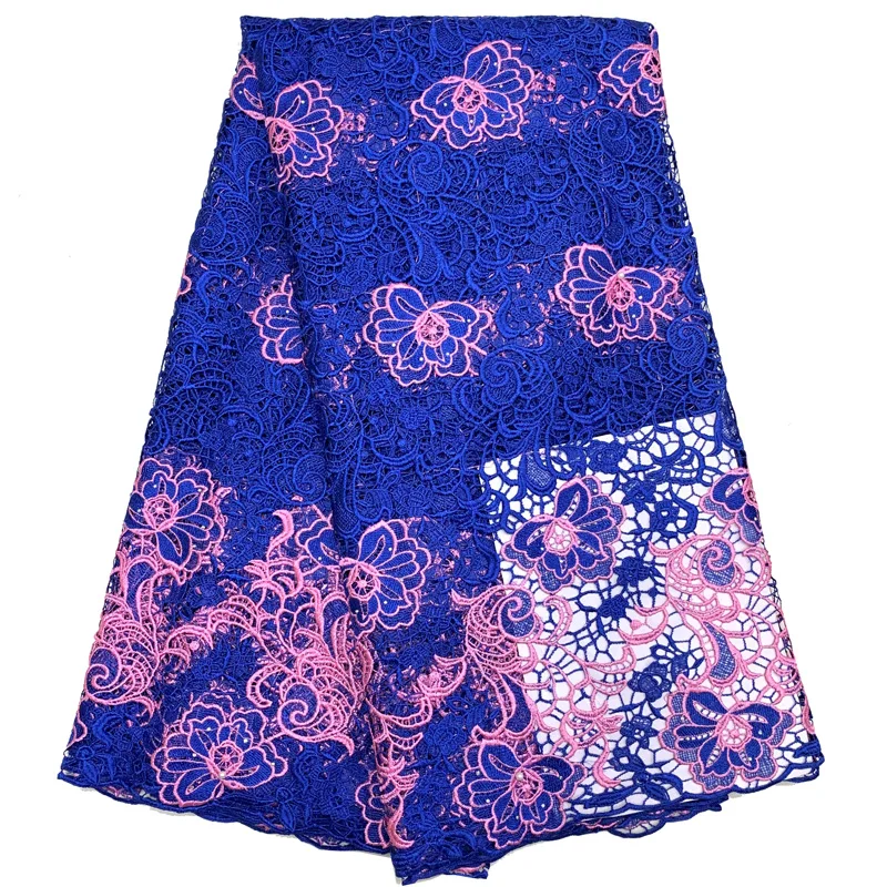 

Free shipping (5yards/pc) high quality African guipure lace fabri in royal blue and pink with beads for party dress WLT005