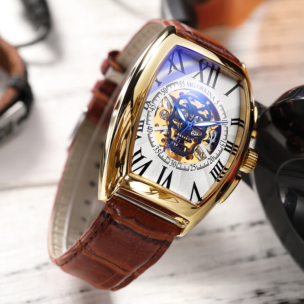 2020 New ORKINA Transparent Gold Case Skull Design Steampunk Skeleton Automatic Mechanical Watches Mens Clock Tonneau | Мужские