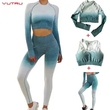 Vutru 2&3 Pcs Sportswear Ombre Seamless Set Women Sport Suit Gym Workout Clothes Long Sleeve Crop Top+Sexy Sports Bra+Leggings