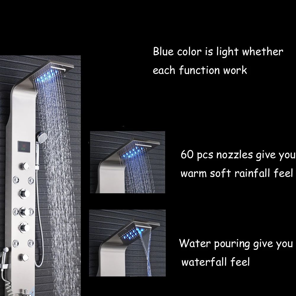 Bathroom Shower Panel Column Brushed Nickel LED Rain waterfall Shower Panel 6 Functions 2 massage Big display With Bidet Taps